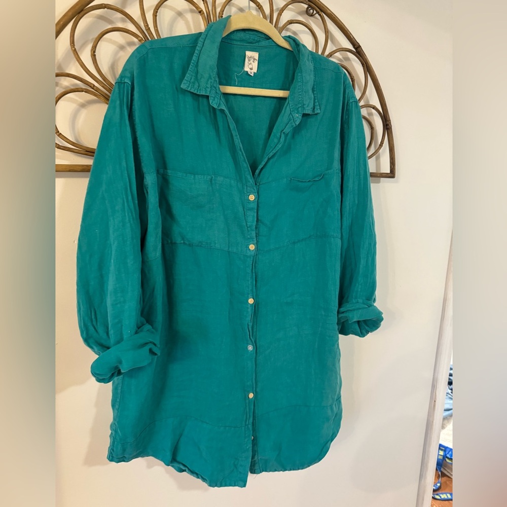 Judi Rosen NY teal button-up linen shirt dress